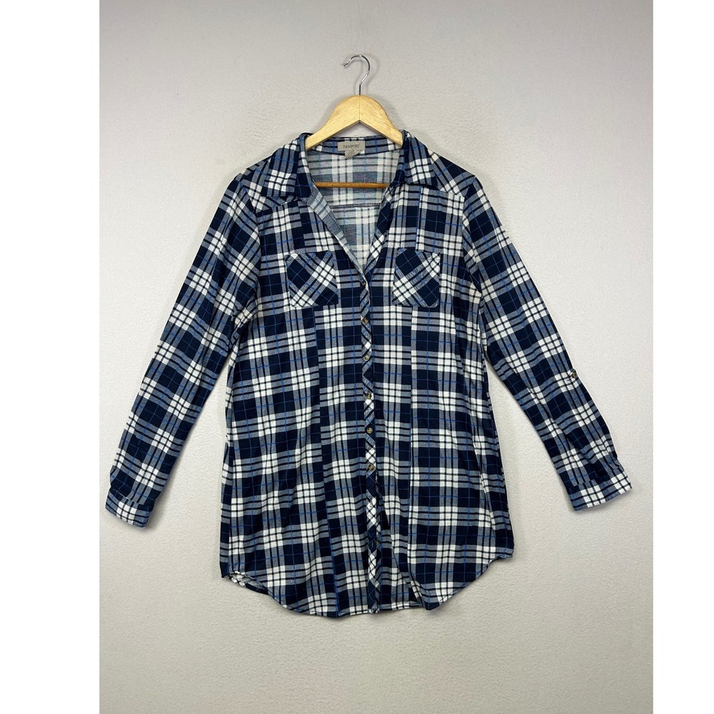 Casual Plaid Passport Womens XL Navy Blue Button‎ Down Roll Tab Tunic Shirt